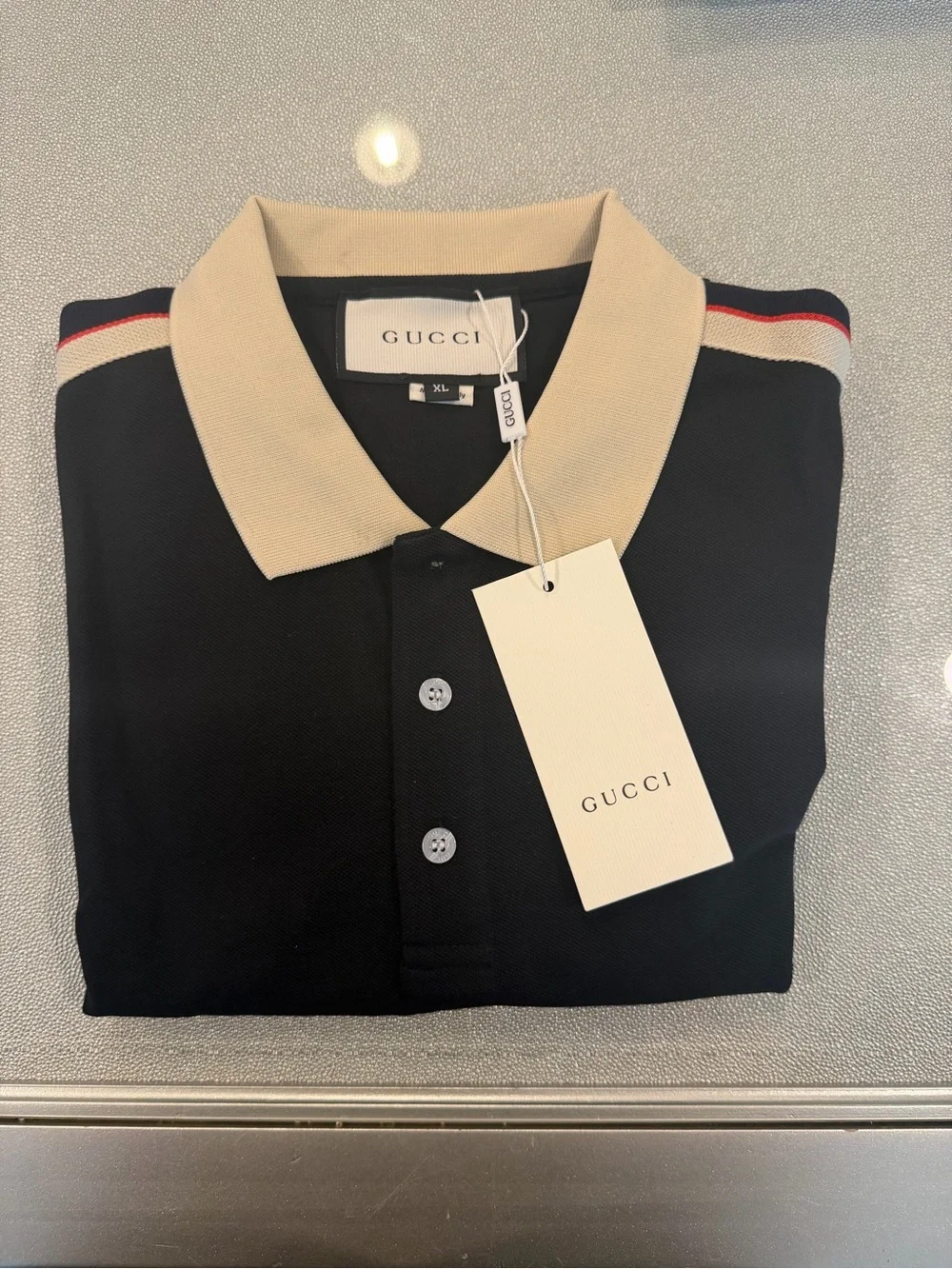 Men Gucci Black Polo with Cream Collar and Red-White Stripe Shoulders